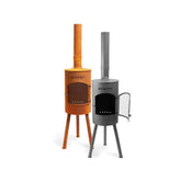 Two Bonfeu chimeneas, one orange and one gray, on a white background.