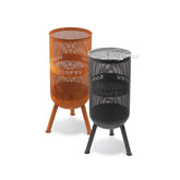 Two metal fire pits, one orange and one black, on a white background.