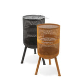 Two metal fire pits, one black and one orange, on a white background.
