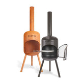 Two Bonfeu chimeneas, one wooden and one black, on a white background.