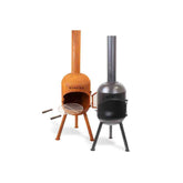 Two chimineas, one orange and one gray, on a white background