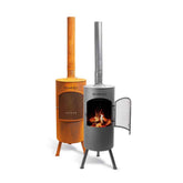 Two Bonfeu outdoor fireplaces, one orange and one gray, on a white background.