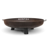 Rust-colored fire pit with 'BONFEU' branding on a white background