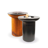 Two Bonfeu outdoor fire pits, one black and one brown, on a white background.