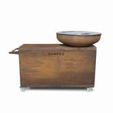 Wooden fire pit with metal bowl on a white background, featuring the brand 'Bonfeu'.