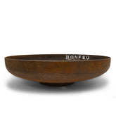 Rust-colored metal fire pit with 'BONFEU' branding on a white background