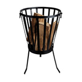 Black metal fire pit wwith stacked firewood on a white background