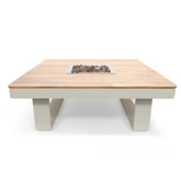 Square fire pit table with wooden top and concrete base on a white background