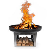 Fire pit with flames and wooden logs on a white background