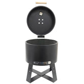Black portable grill with open lid on a white background