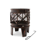 Bronze fire pit with lattice design on a white background