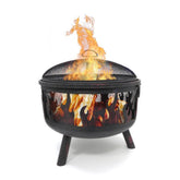 Black fire pit with flames on a white background