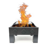 Square metal fire pit with flames on a white background