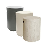 Three cylindrical gas bottle enclosures in gray, beige, and textured material on a white background
