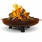 Rust-colored fire pit with flames on a white background