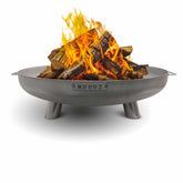 Metal fire pit with flames and logs on a white background, branded 'Moodz'.