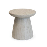 Round stone-styled side table on a white background
