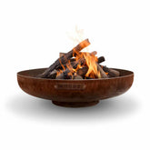 corten steel fire bowl with wood and flame