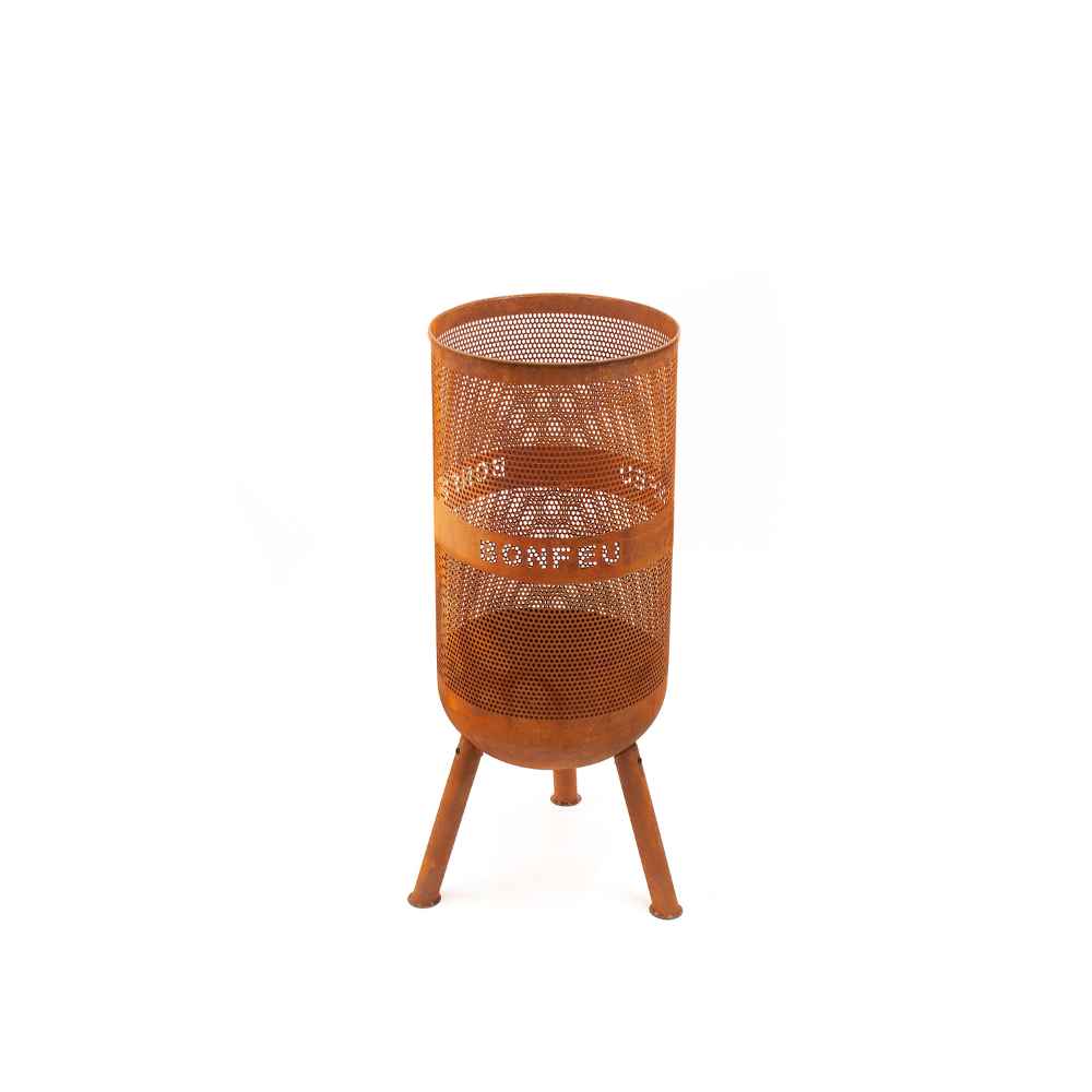 Cylindrical metal lantern with mesh design on a white background