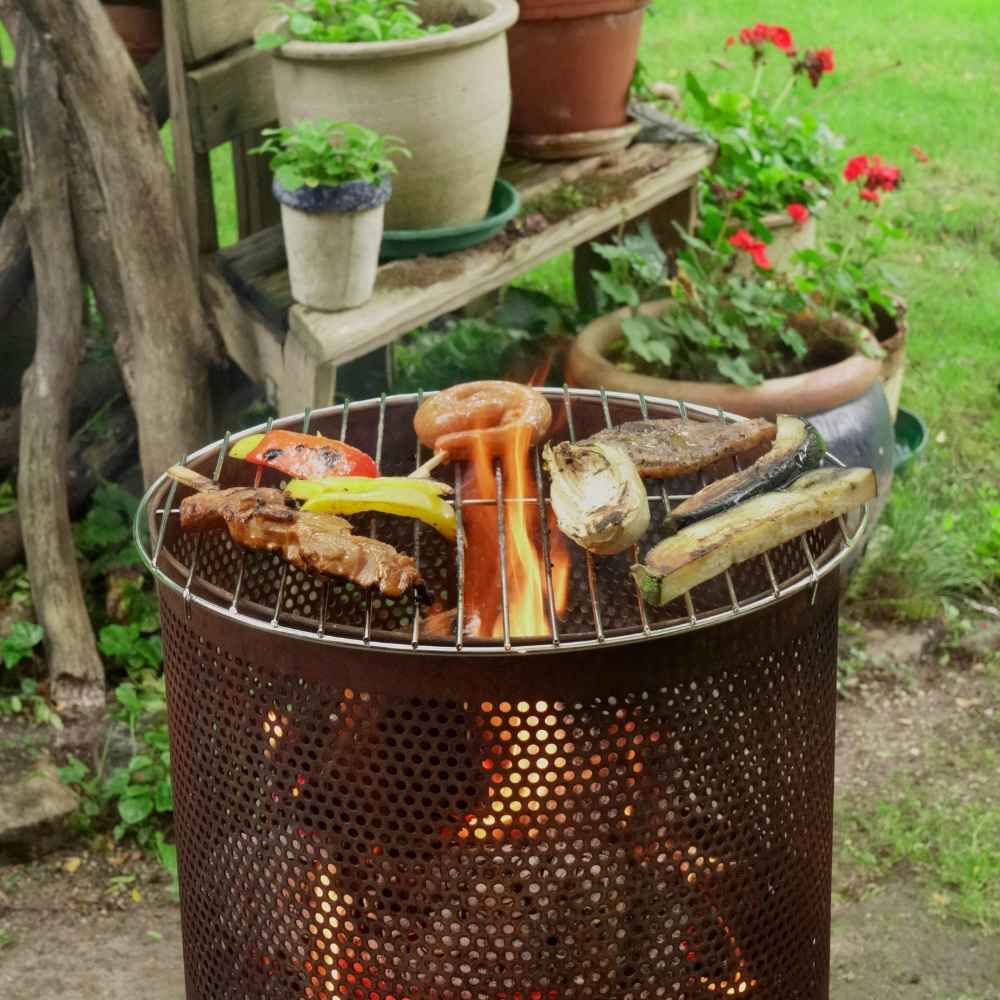Barbecue grill with food being cooked outdoors, surrounded by potted plants.