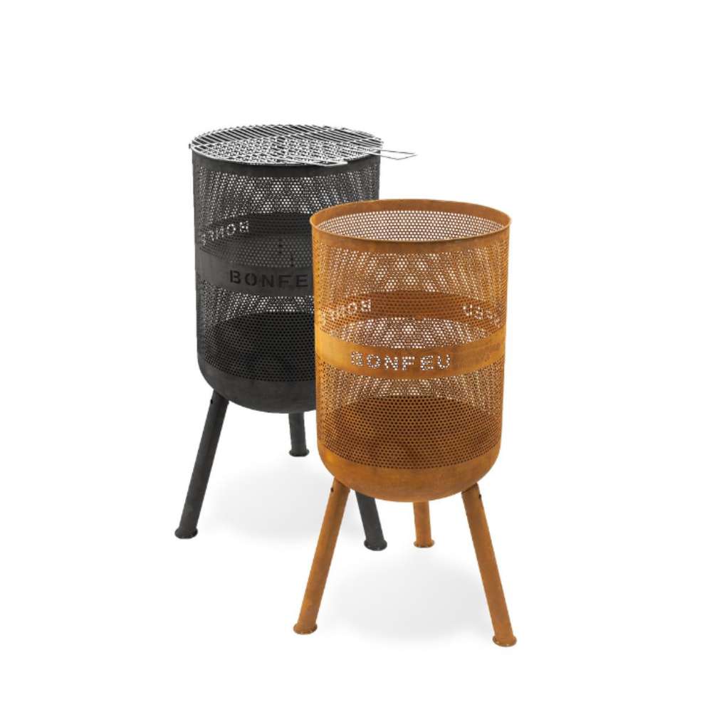 Two metal fire pits, one black and one orange, on a white background.