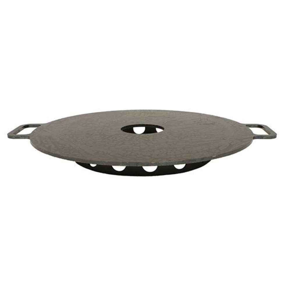Round metal grill pan with handles on a white background