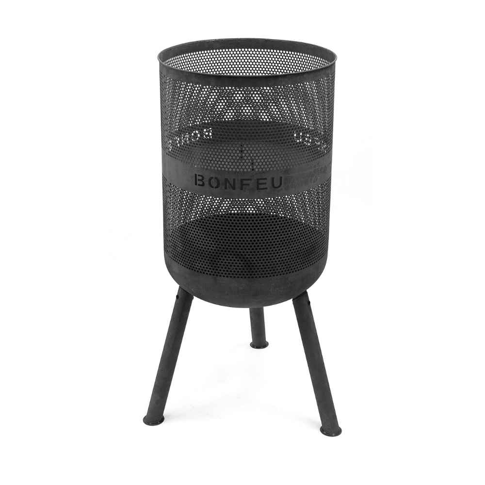 Black metal fire pit with 'BONFEU' branding on a white background