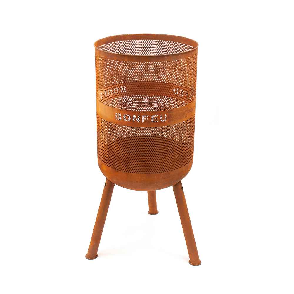 Rust-colored metal basket with 'Bonfeu' branding on a white background