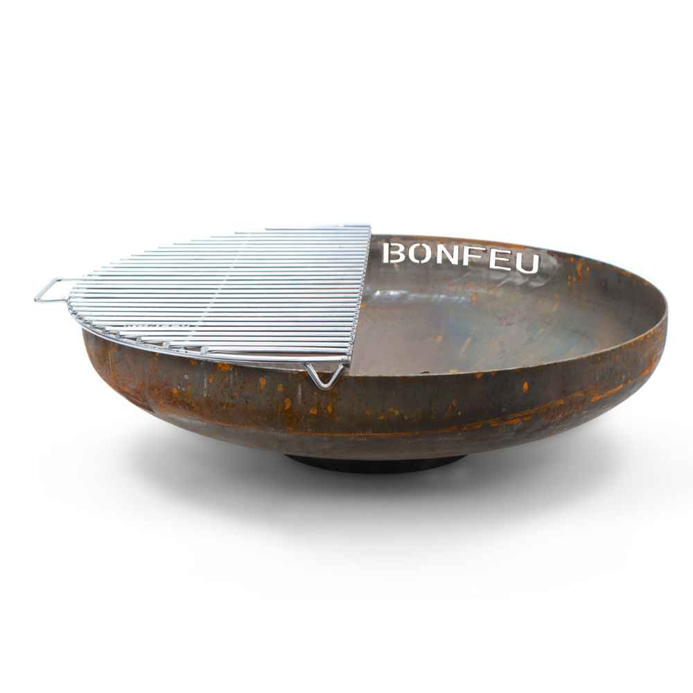 Bronze fire pit with metal grate on a white background, featuring the brand 'Bonfeu'.