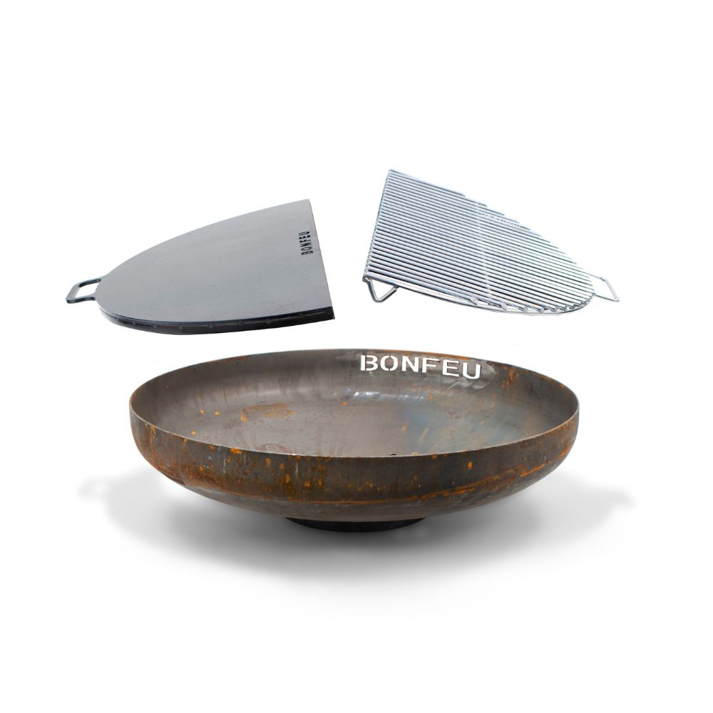 Bonfeu fire pit bowl with grill grate and ash shovel on a white background