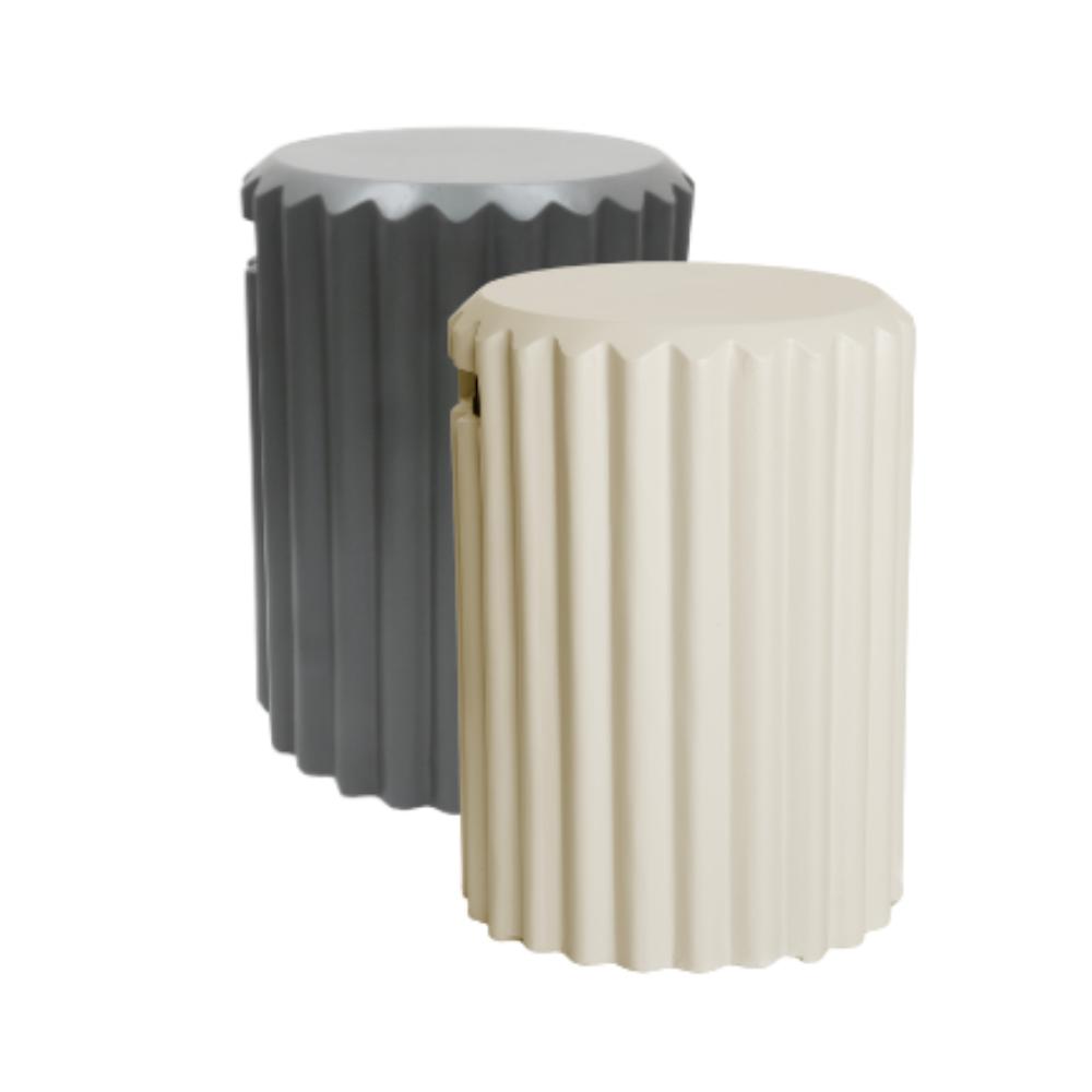 Two ribbed gas bottle enclosure, one gray and one beige, on a white background