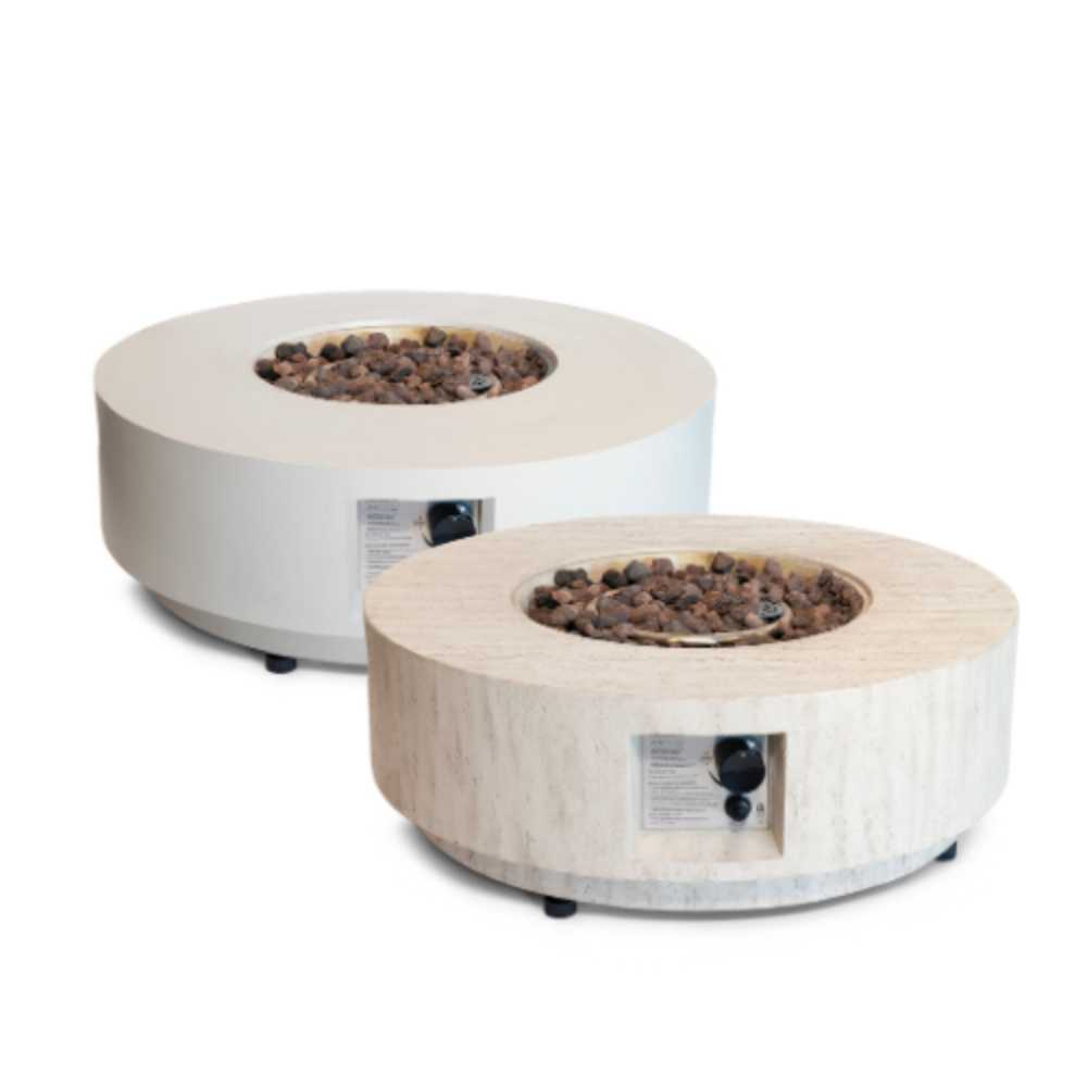 Two round fire pits with wooden and metallic bases on a white background