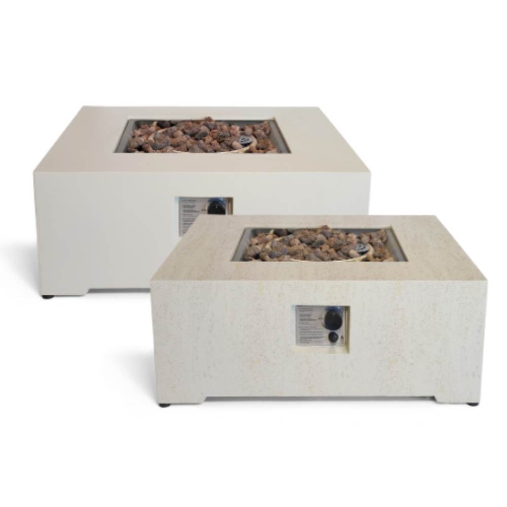 Two square concrete fire pits with visible fire logs on a white background