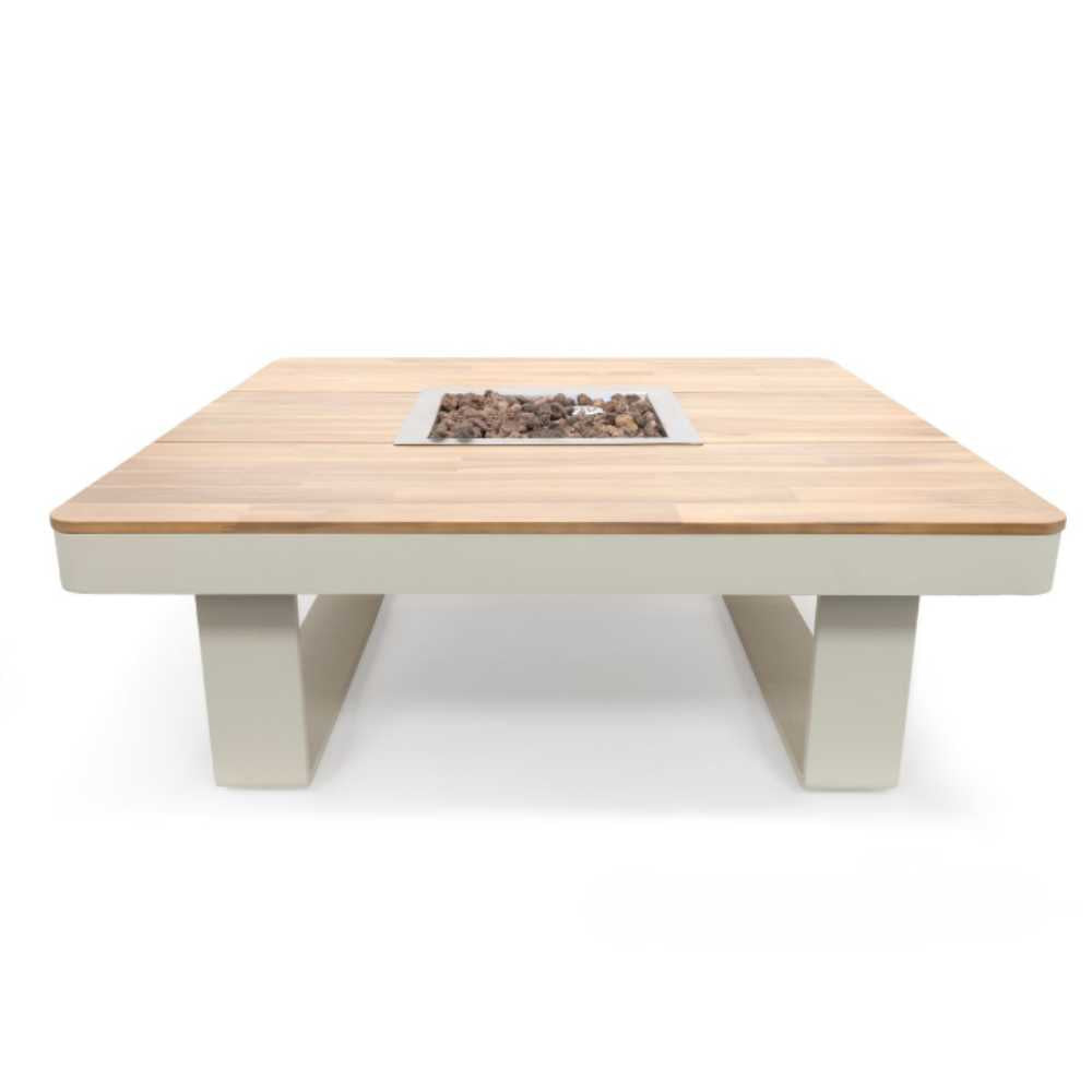 Square fire pit table with wooden top and concrete base on a white background