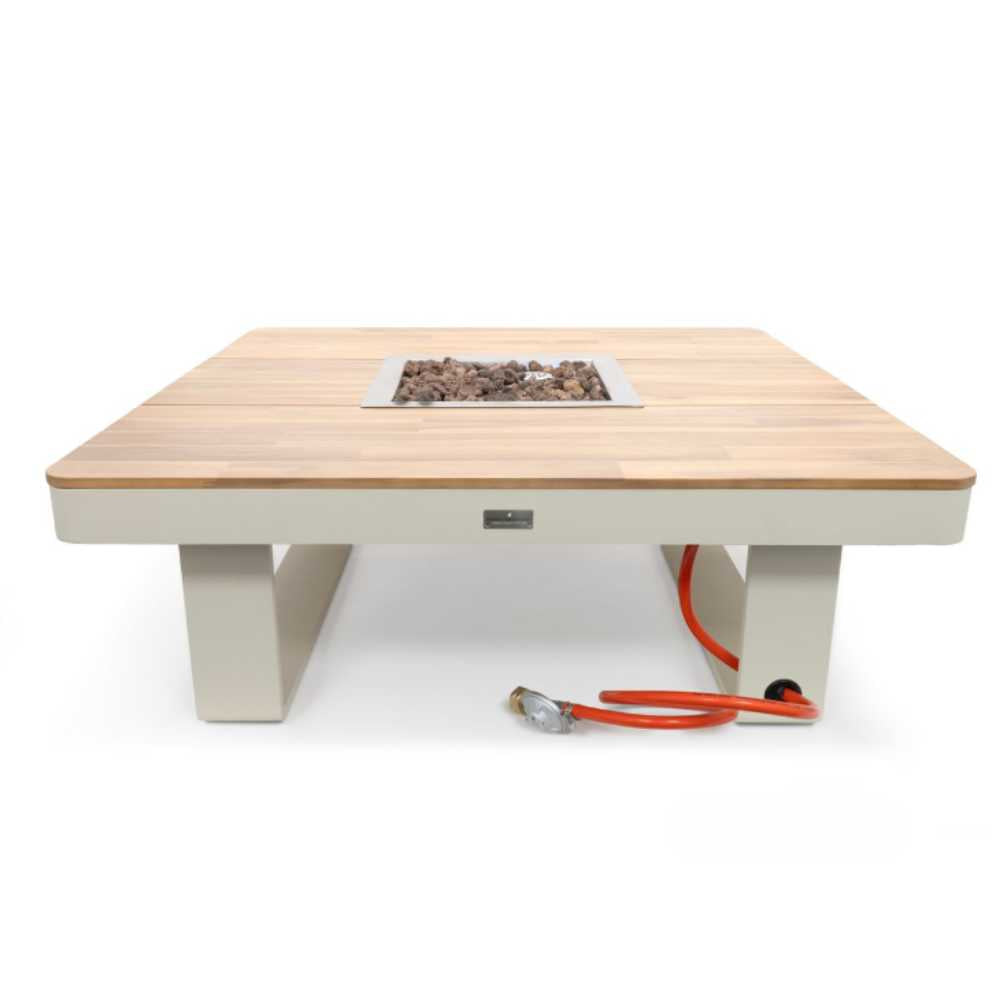 Wooden fire pit table with a white base on a white background