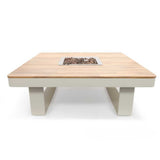 Square fire pit table with wooden top and concrete base on a white background
