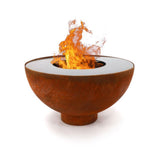 Rust-colored fire pit with flames on a white background