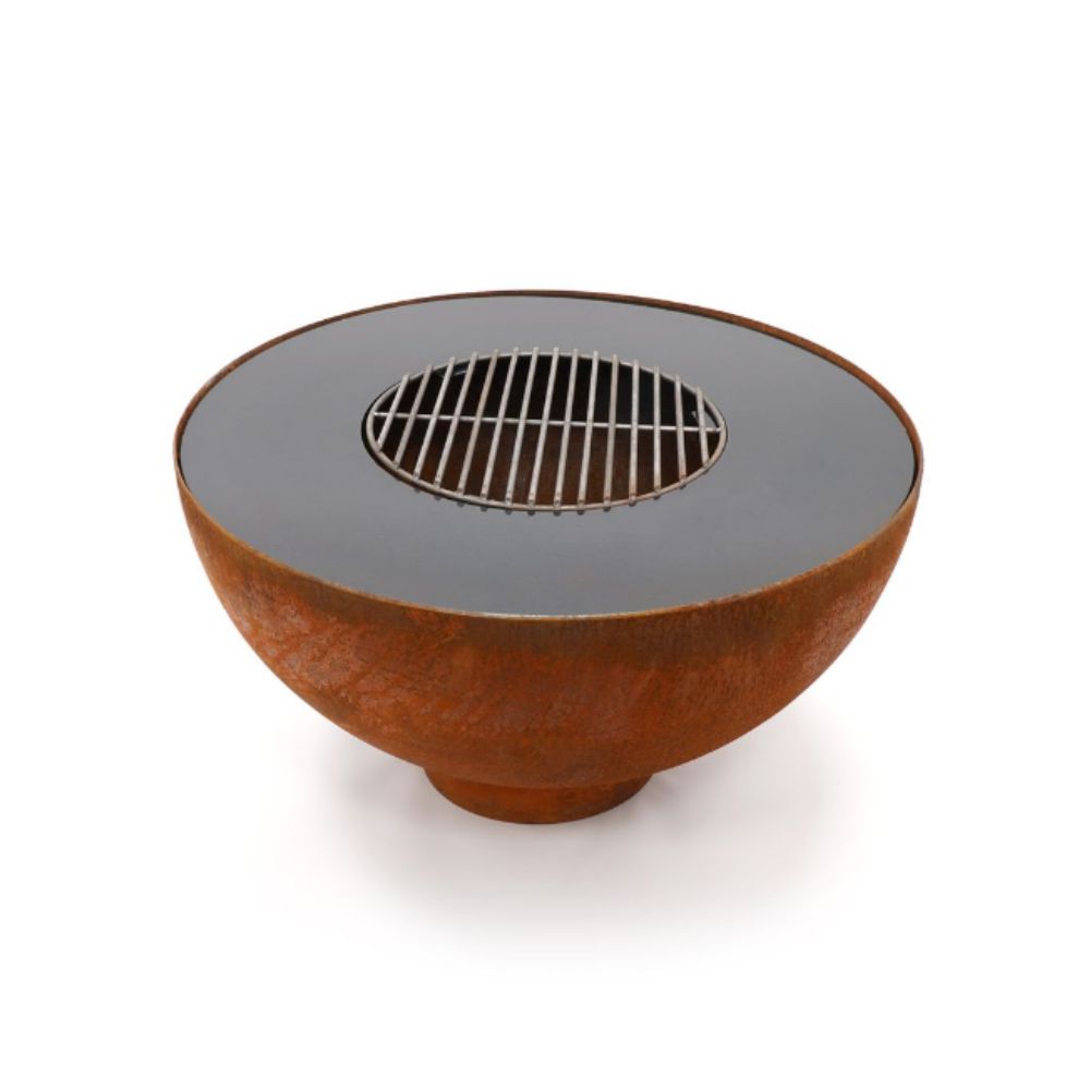 fire pit with a rust exterior and gray interior on a white background