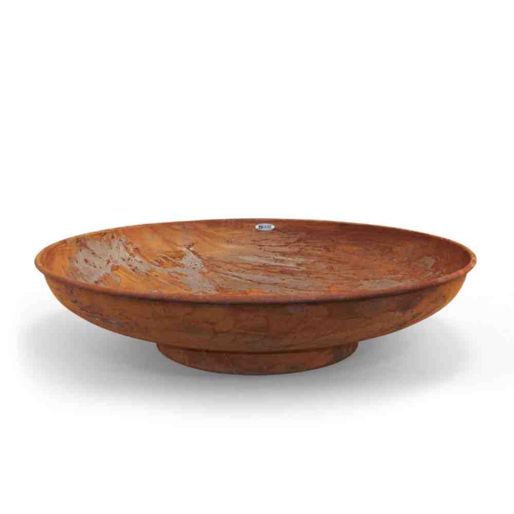 Rust-colored metal bowl on a white background