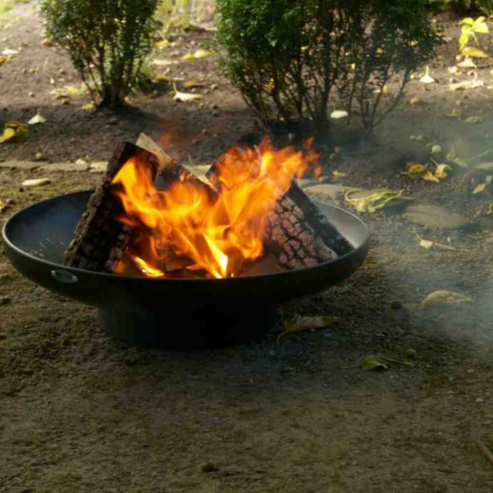 Fire pit with burning wood in an outdoor setting