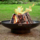 Fire pit with burning logs on a grassy background