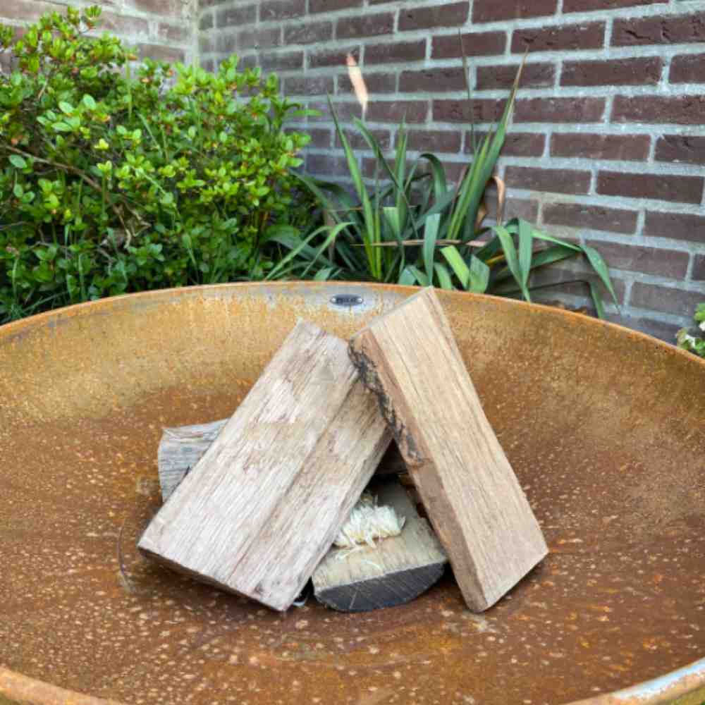 Two wooden logs stacked on a metal fire pit with a brick wall and plants in the background.