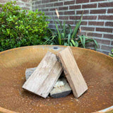 Two wooden logs stacked on a metal fire pit with a brick wall and plants in the background.