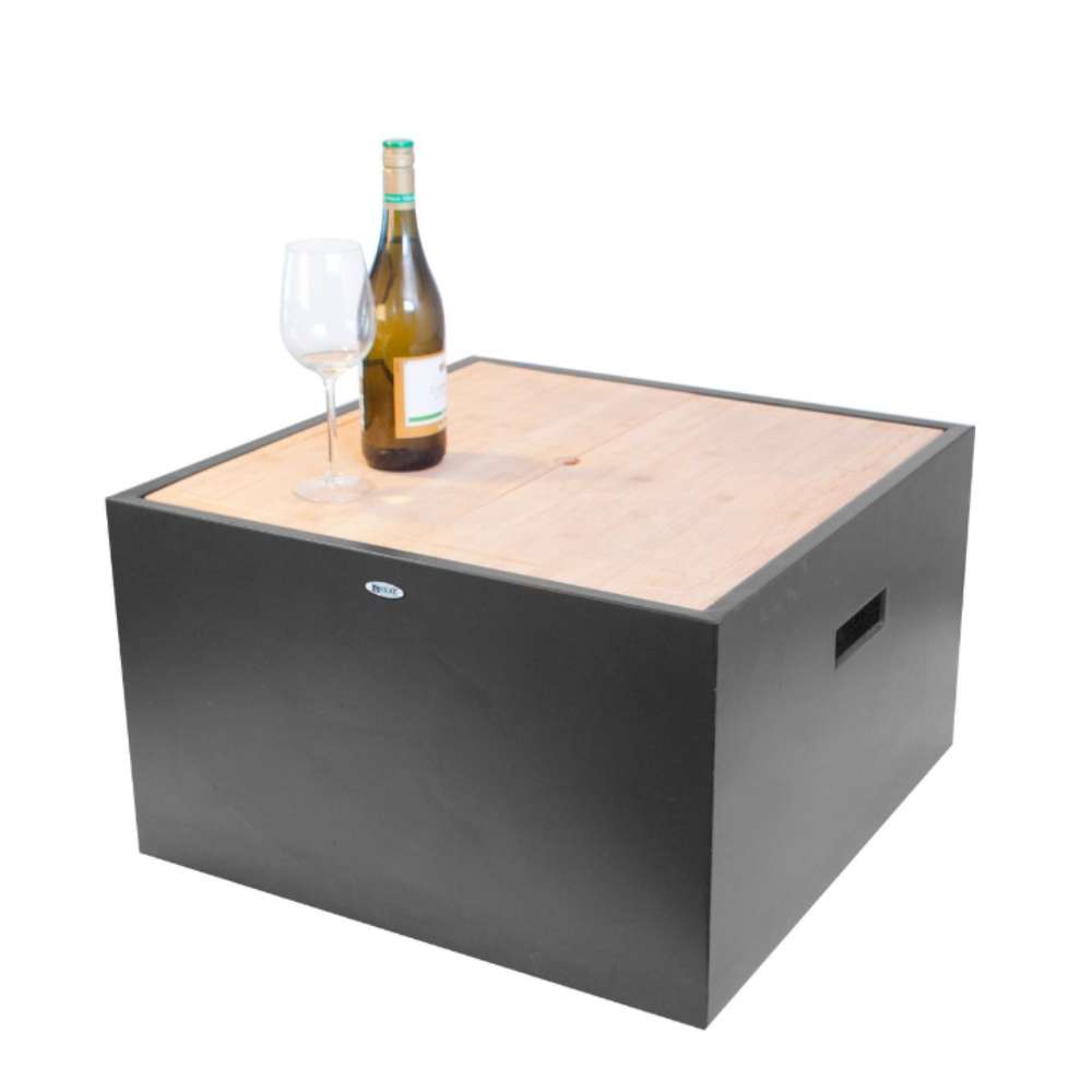 Gray cube-shaped outdoor table with a bottle and glass on a white background
