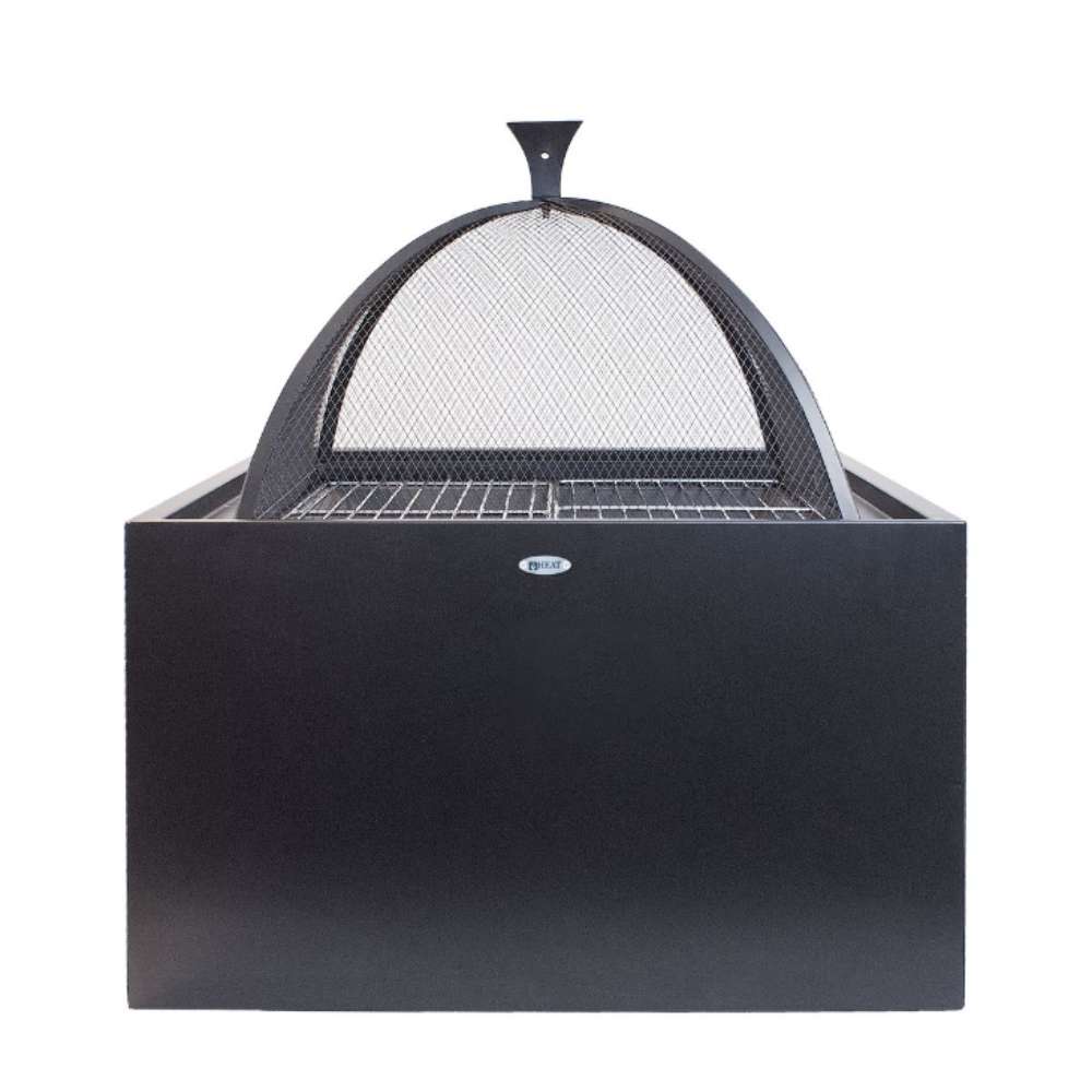 Black metal fire pit with mesh screen on a white background