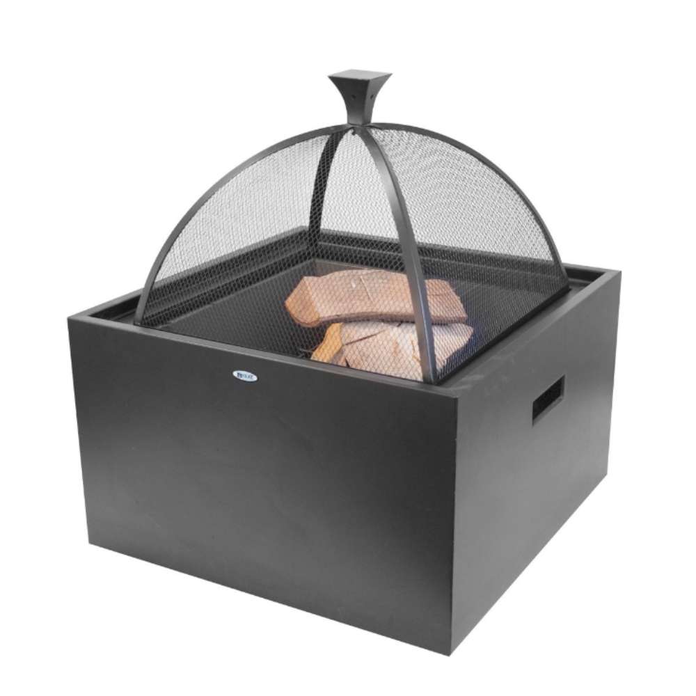 Black fire pit with a mesh screen and lid on a white background