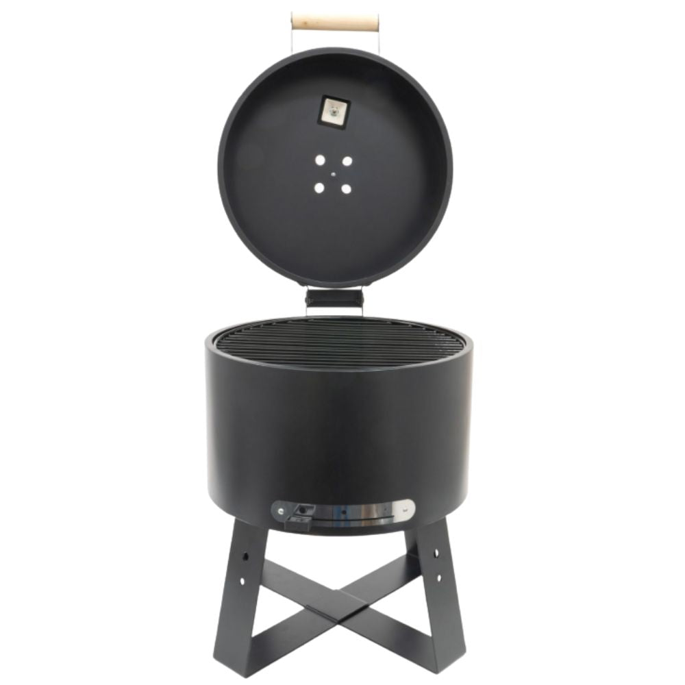 Black portable grill with open lid on a white background