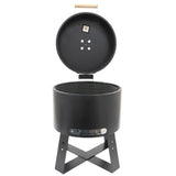Black portable grill with open lid on a white background