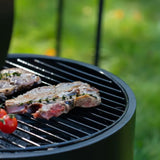Barbecue grill with meat and vegetables on a blurred green outdoor background