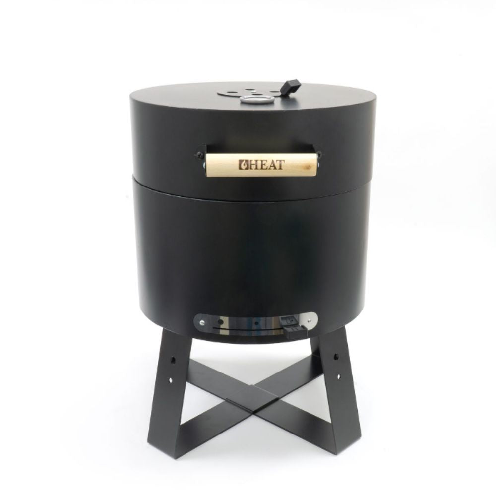 Black metal barrel-style stove with 'HEAT' branding on a white background